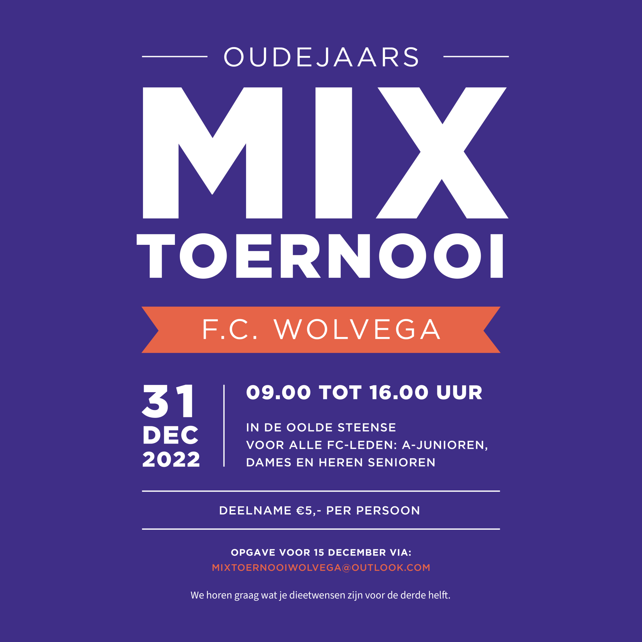 Oudejaars mix toernooi 31 december - indeling bekend.