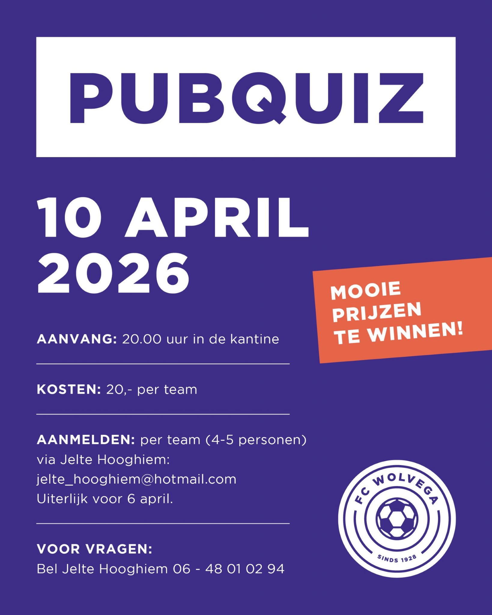 Pubquiz op 10 april. Geef je team nu op.
