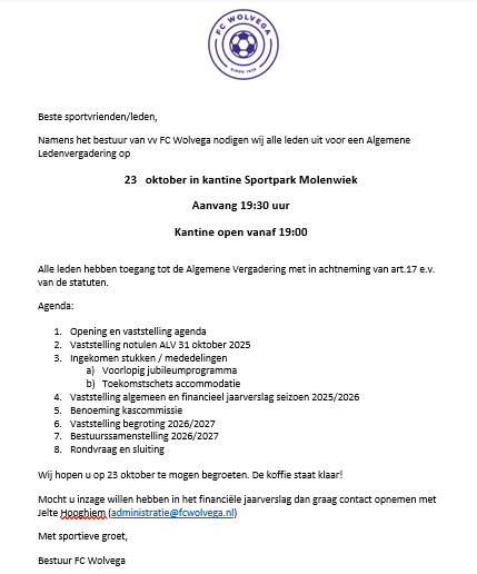 Uitnodiging Algemene Ledenvergadering 23 okt as